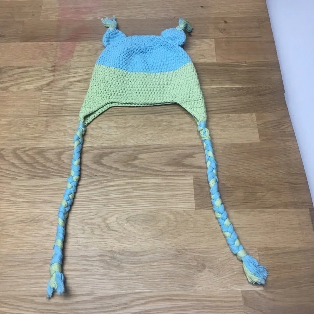 Handmade Kids Crochet Sleepy Owl Earflap Hat Blue Green Braided Tassels